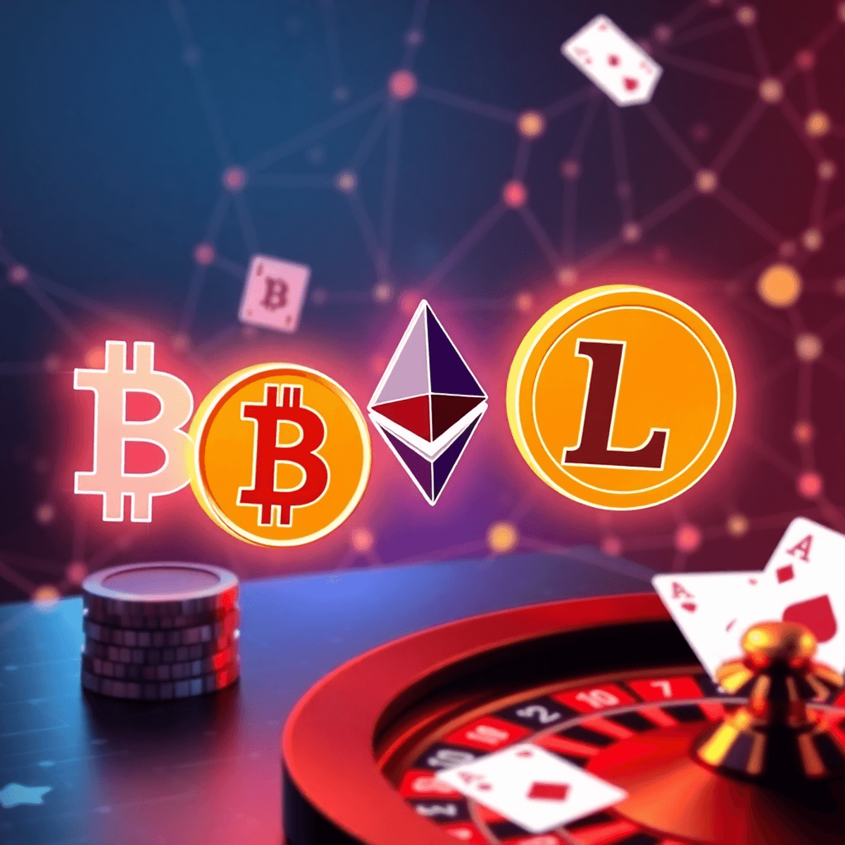 Modern digital casino interface with glowing cryptocurrency symbols, blockchain-inspired background, abstract network connections, playing cards, and roulette wheels.