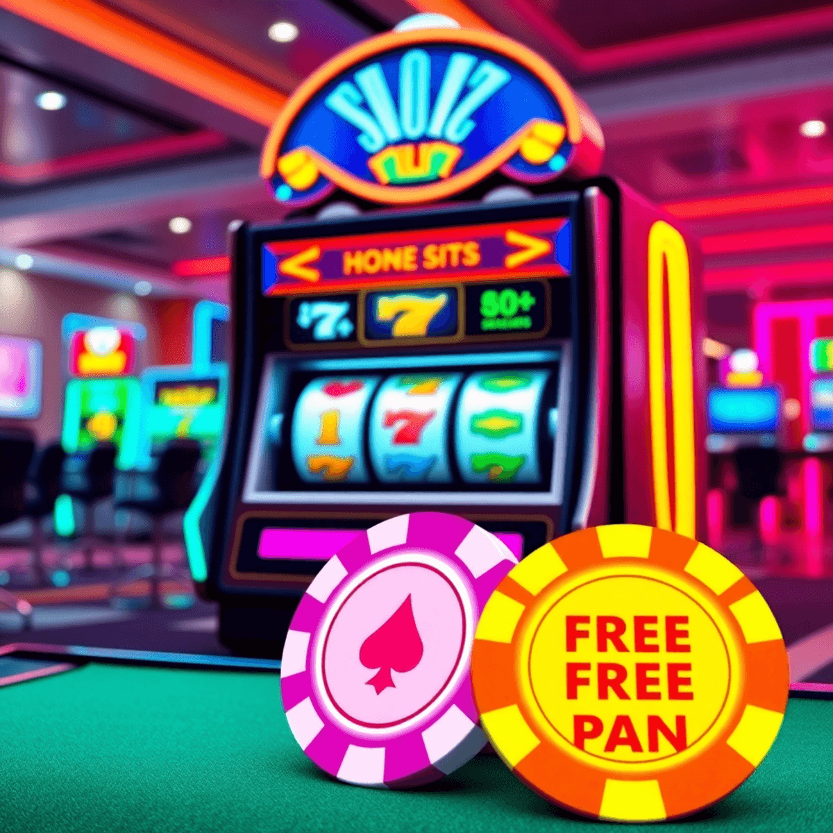 Digital slot machine and glowing poker chips in bright colors, symbolizing no deposit bonuses and free play on a sleek, modern background.