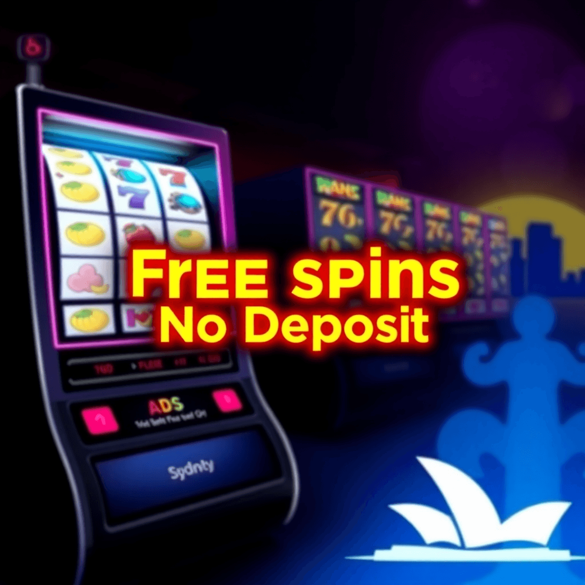Online casino interface with colorful spinning slot reels and glowing "Free Spins No Deposit" text, set against a sleek background featuring the Sydney Opera House silhouette.