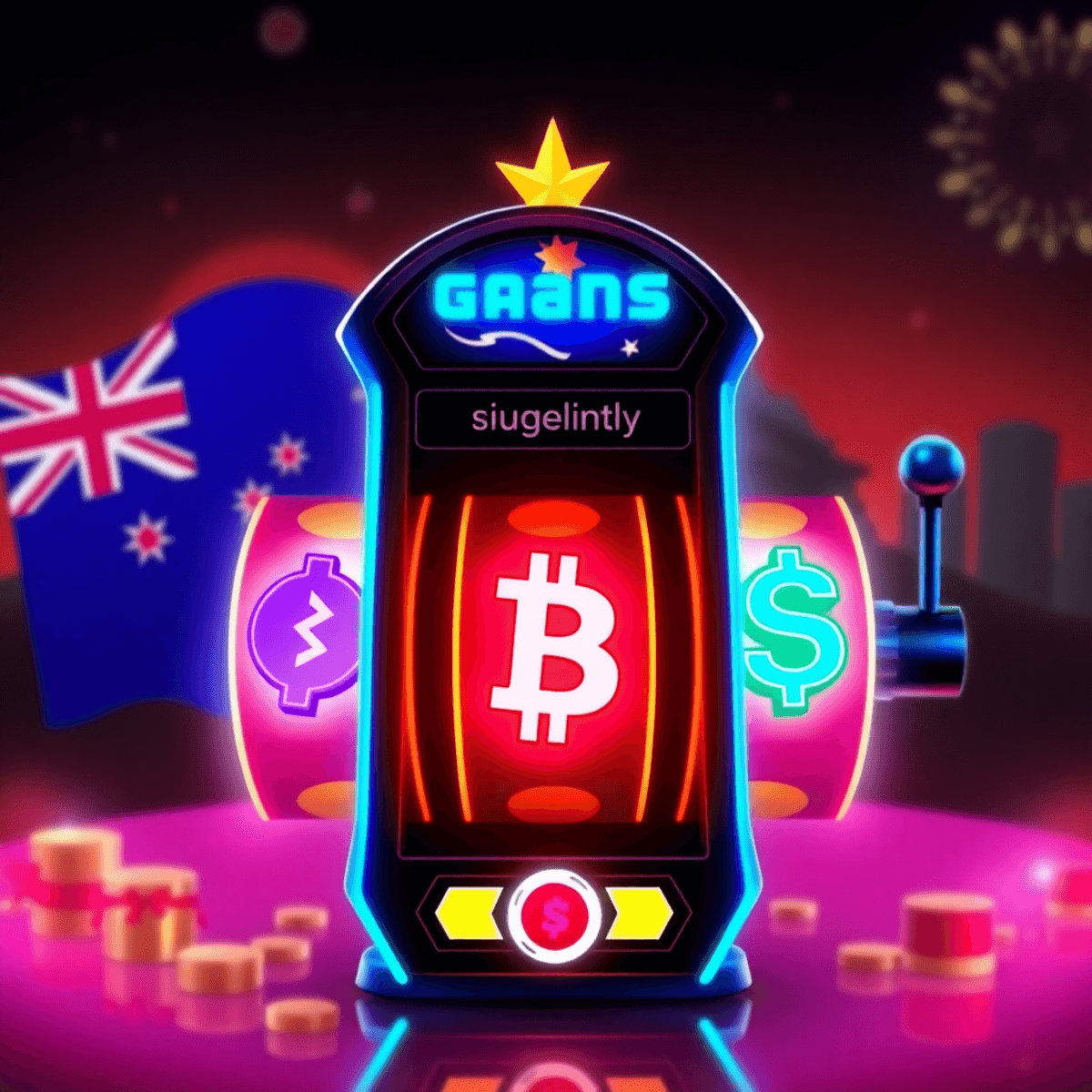 Digital slot machine with glowing crypto symbols on an Australian-themed, sleek, futuristic casino interface.