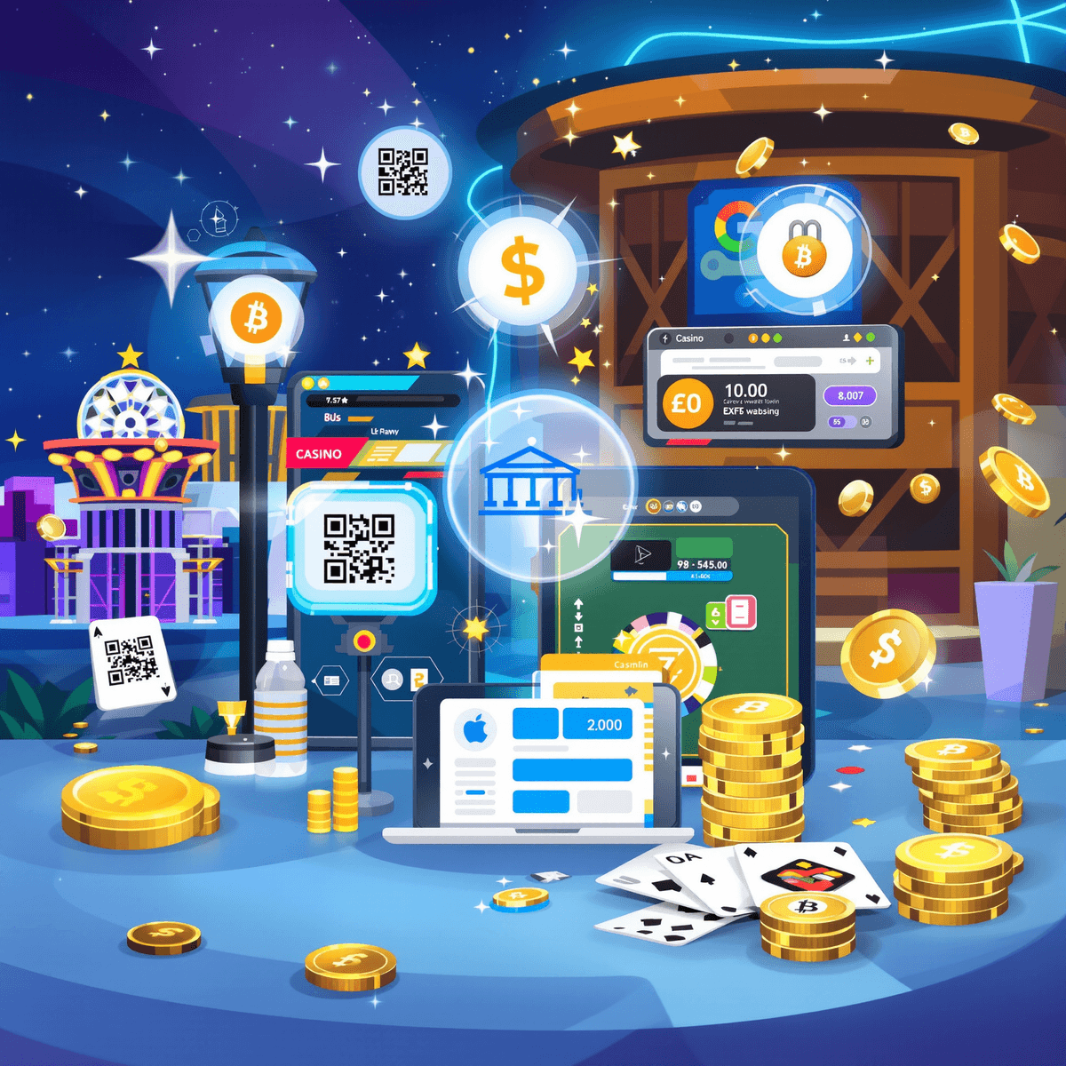 A modern casino scene blending land-based and online elements with digital payment icons, QR codes, cryptocurrency symbols, and a sleek wallet interface.