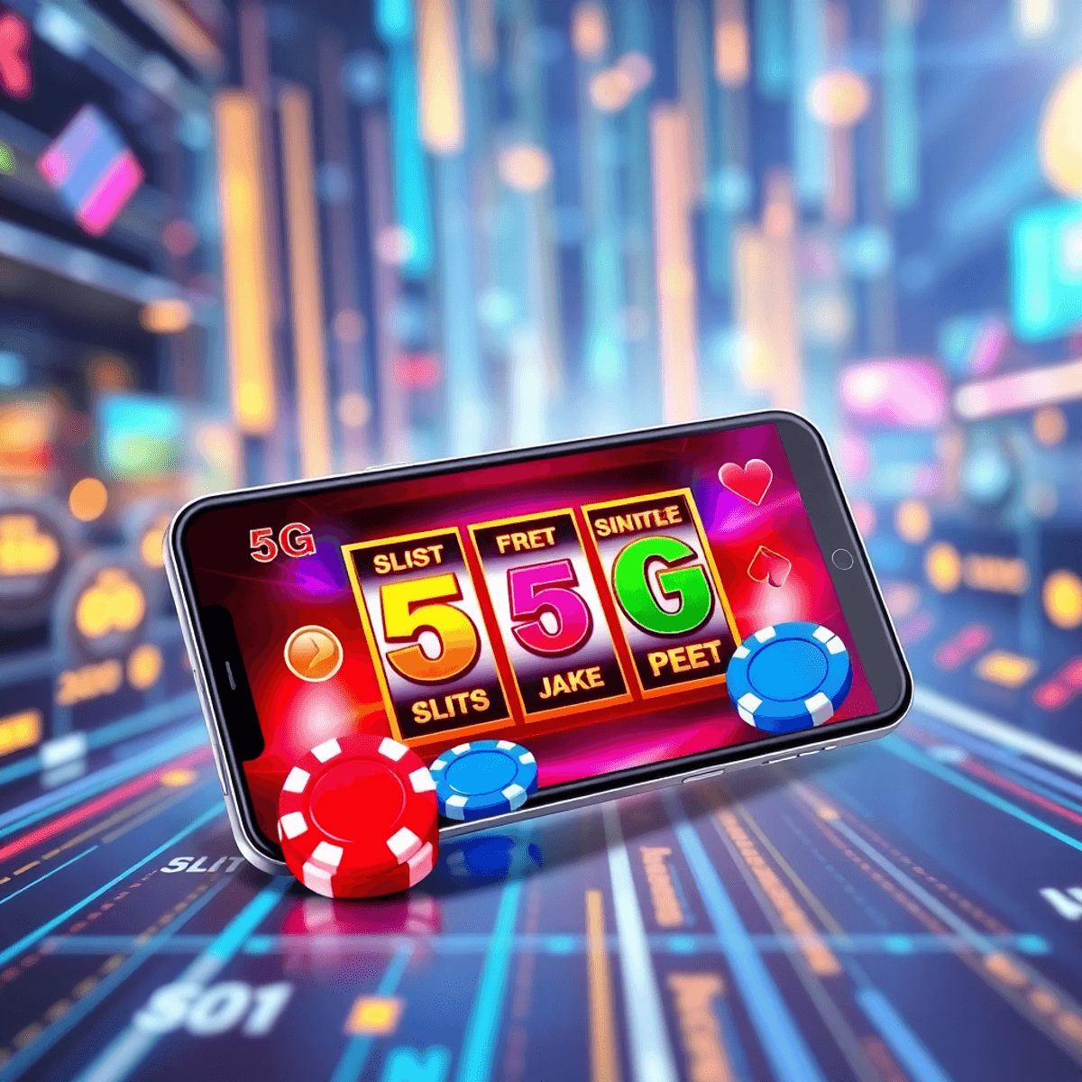 Smartphone showing colorful slot reels and poker chips on a vibrant mobile casino gambling screen with a dynamic 5G digital background.