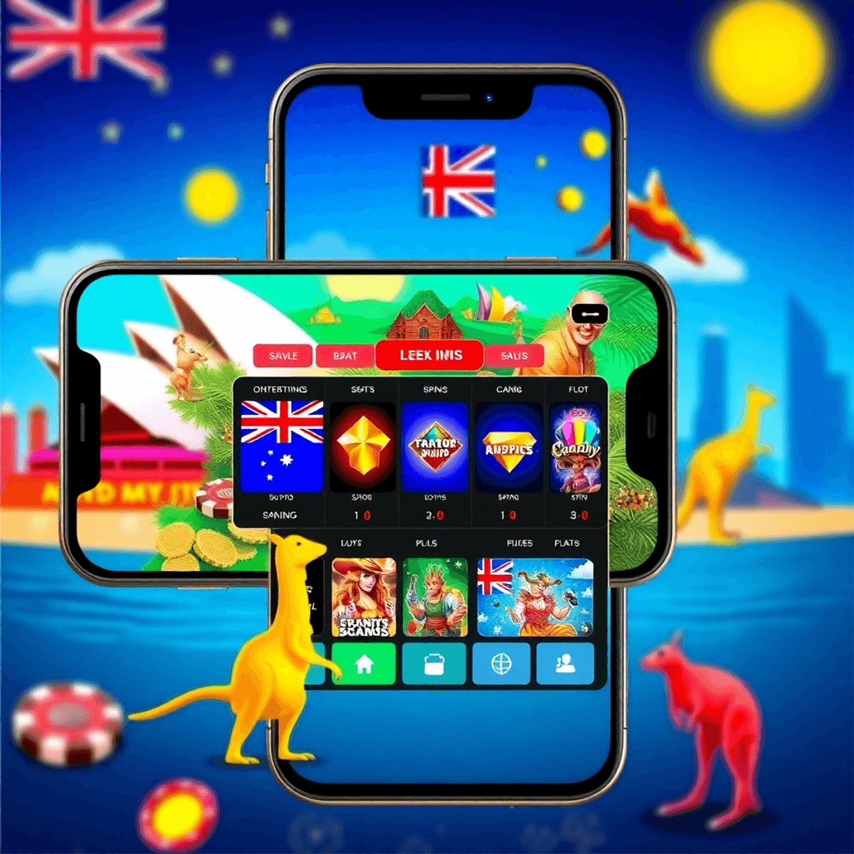 Smartphone screen showing a colorful Australian-themed mobile casino with pokies, card games, Sydney Opera House, and kangaroos in a realistic style.