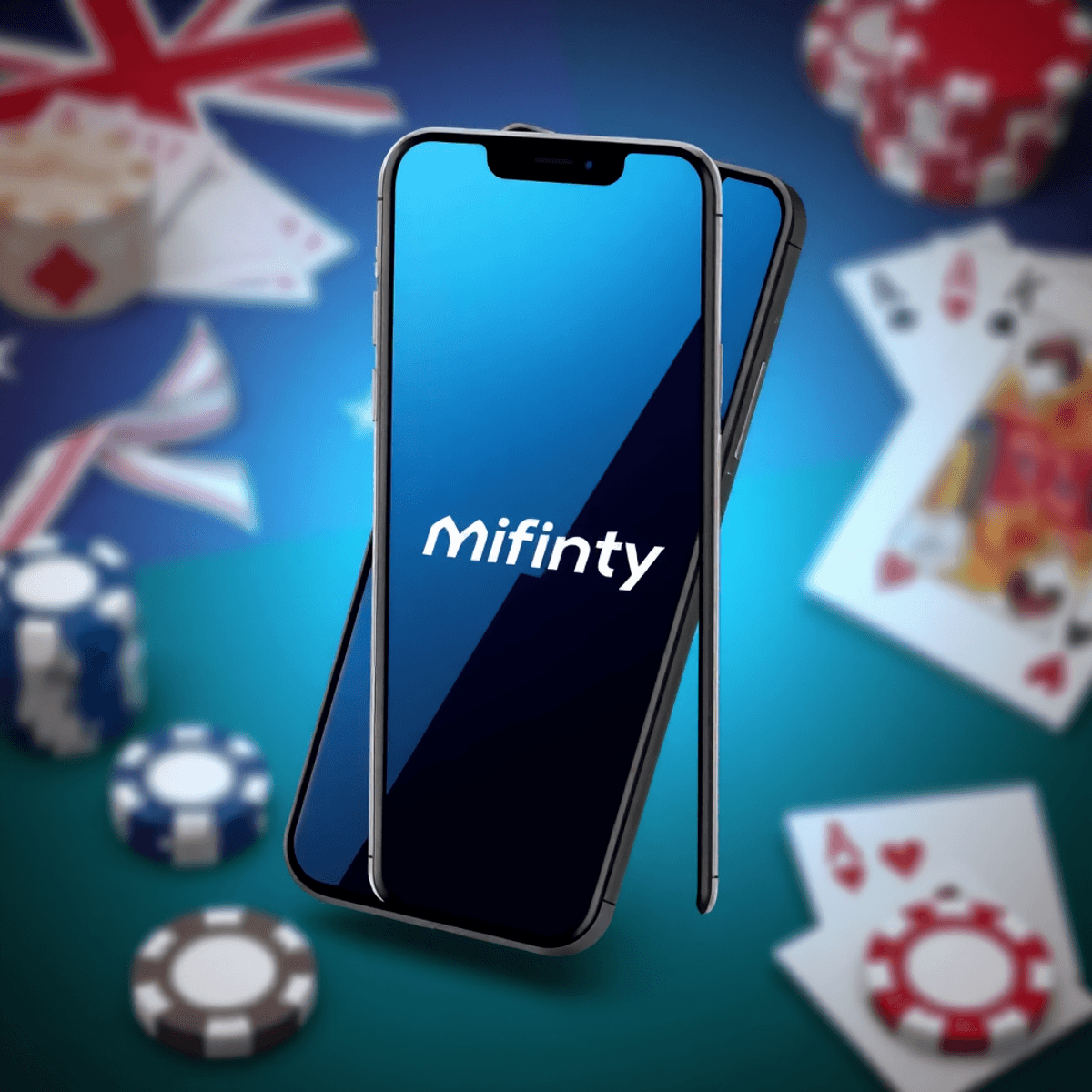 Smartphone displaying Mifinity wallet interface surrounded by poker chips and playing cards, evoking a modern, secure online casino transaction.