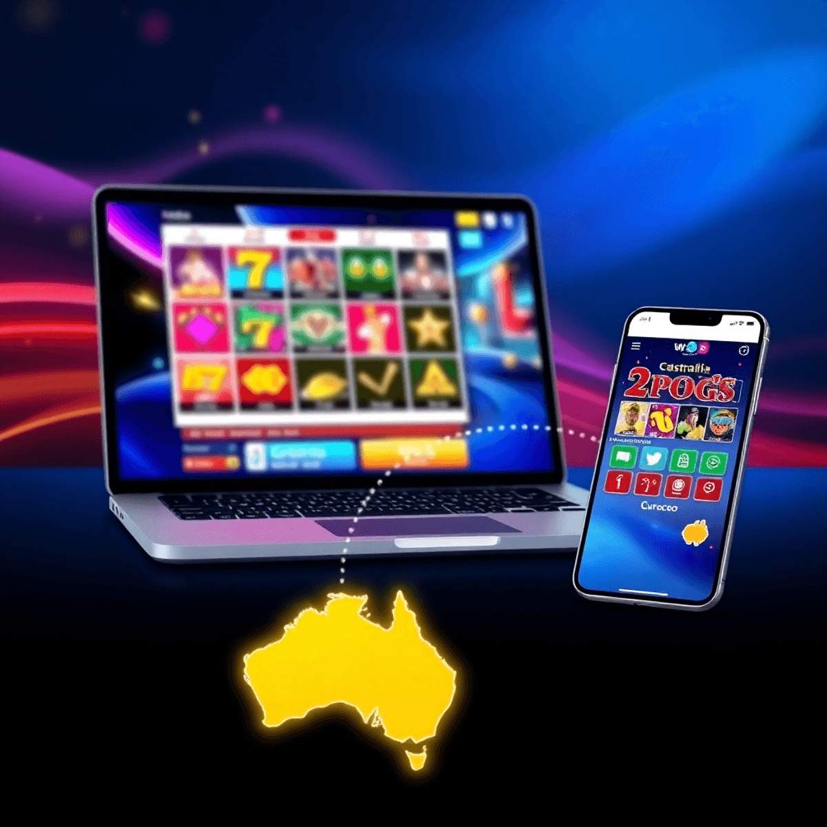 Digital illustration of a laptop and smartphone showing an online casino with slot machines, card games, and a glowing map linking Australia and Curacao.