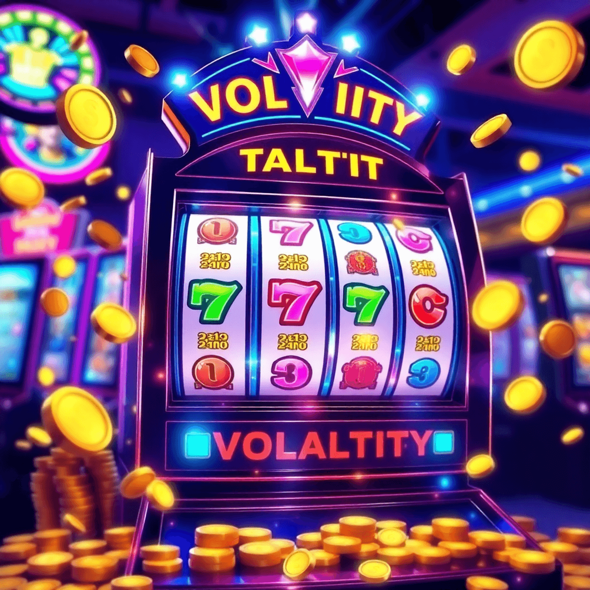 A vibrant casino slot machine with colorful spinning reels and glowing coin and jackpot symbols, illustrating volatility in pokie games.