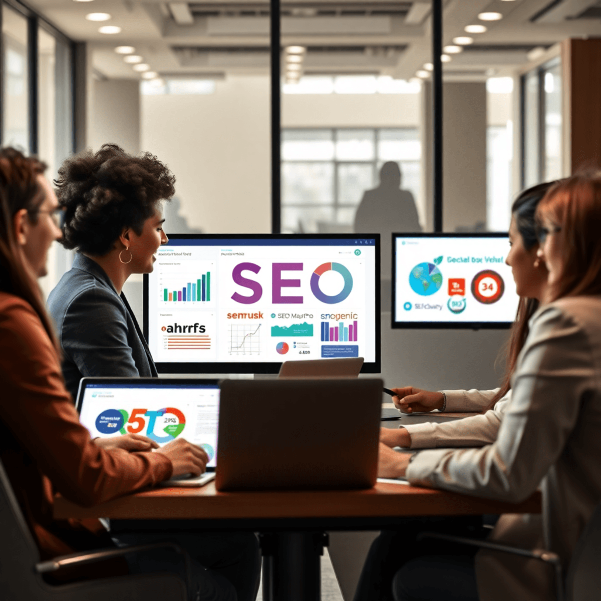 A group of professionals collaborating in a modern office, analyzing SEO data on laptops with charts and graphs visible, showcasing teamwork in digital marketing.