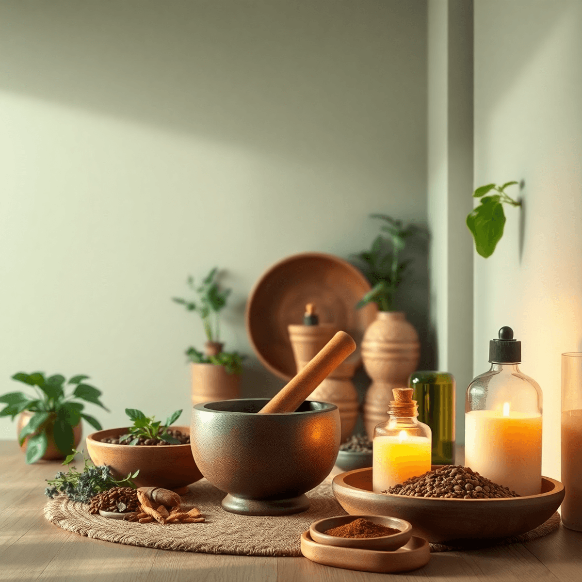 Know the Healing Power of Ayurveda 2 A tranquil Ayurvedic healing space with soft lighting, traditional herbs, a mortar and pestle, and essential oils, creating a calming atmosphere for holistic wellness.