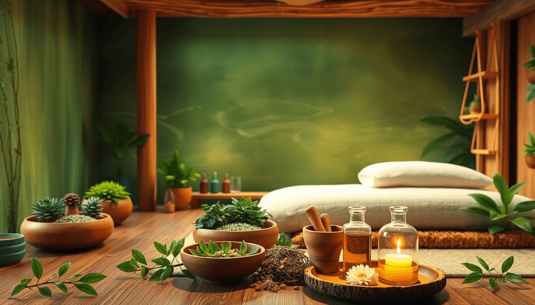 Know the Healing Power of Ayurveda 6 A tranquil spa setting with natural herbs, oils, and wooden decor in calming green and earth tones, evoking peace and holistic health.