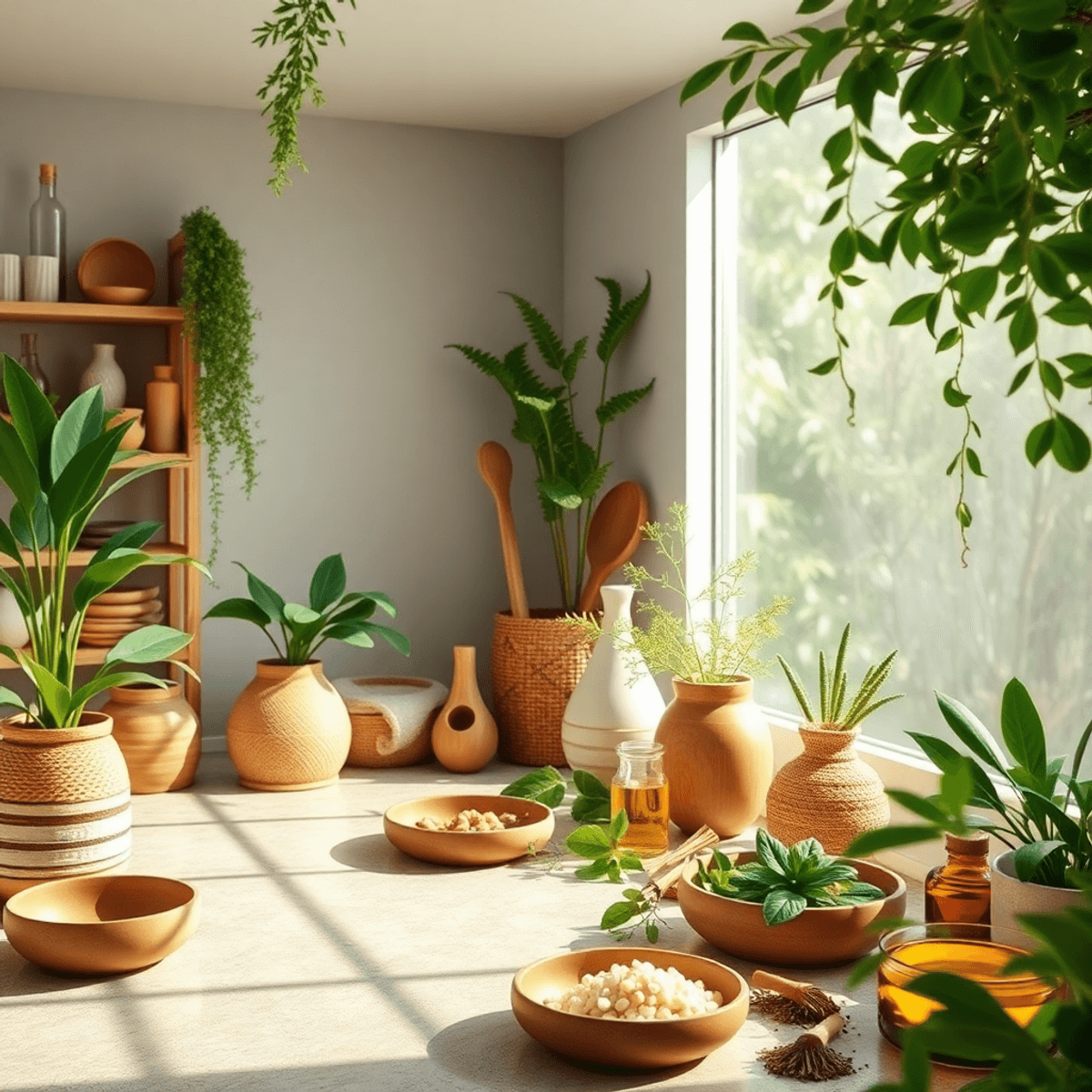 Know the Healing Power of Ayurveda 5 A tranquil Ayurvedic healthcare setting with green plants, herbal remedies, and traditional tools, creating a serene atmosphere that promotes holistic wellness.