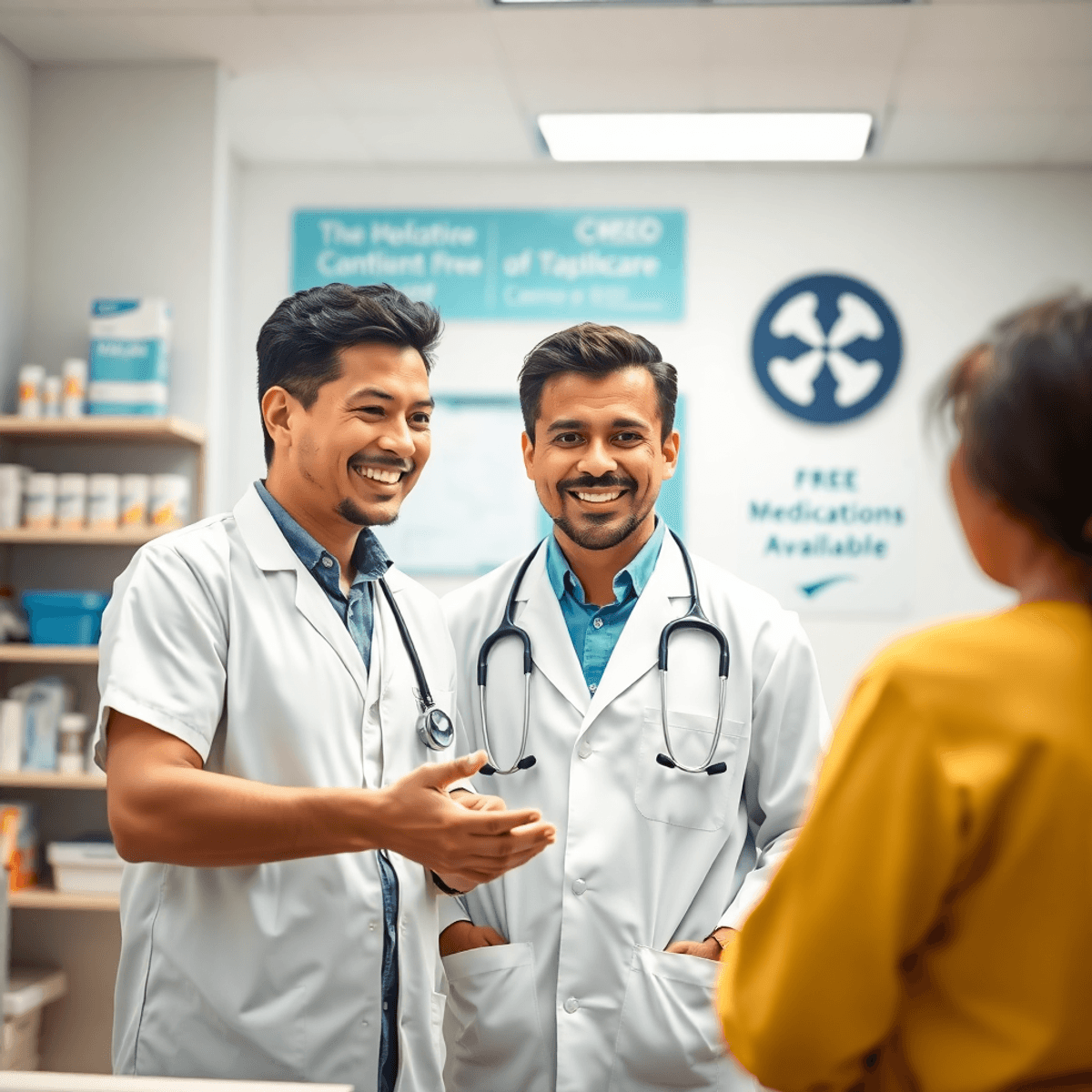 Know the Healing Power of Ayurveda 3 A smiling doctor discusses with a patient in a bright clinic filled with medical supplies and a sign reading "Free Medications Available," conveying care and community support.