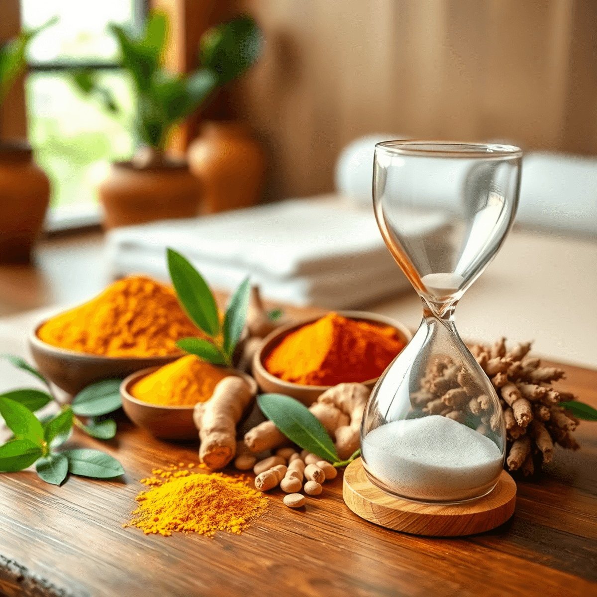 Know the Healing Power of Ayurveda 4 Aesthetic arrangement of turmeric, ginger, and ashwagandha on a wooden table, with a serene spa backdrop and a small hourglass symbolizing quick results.