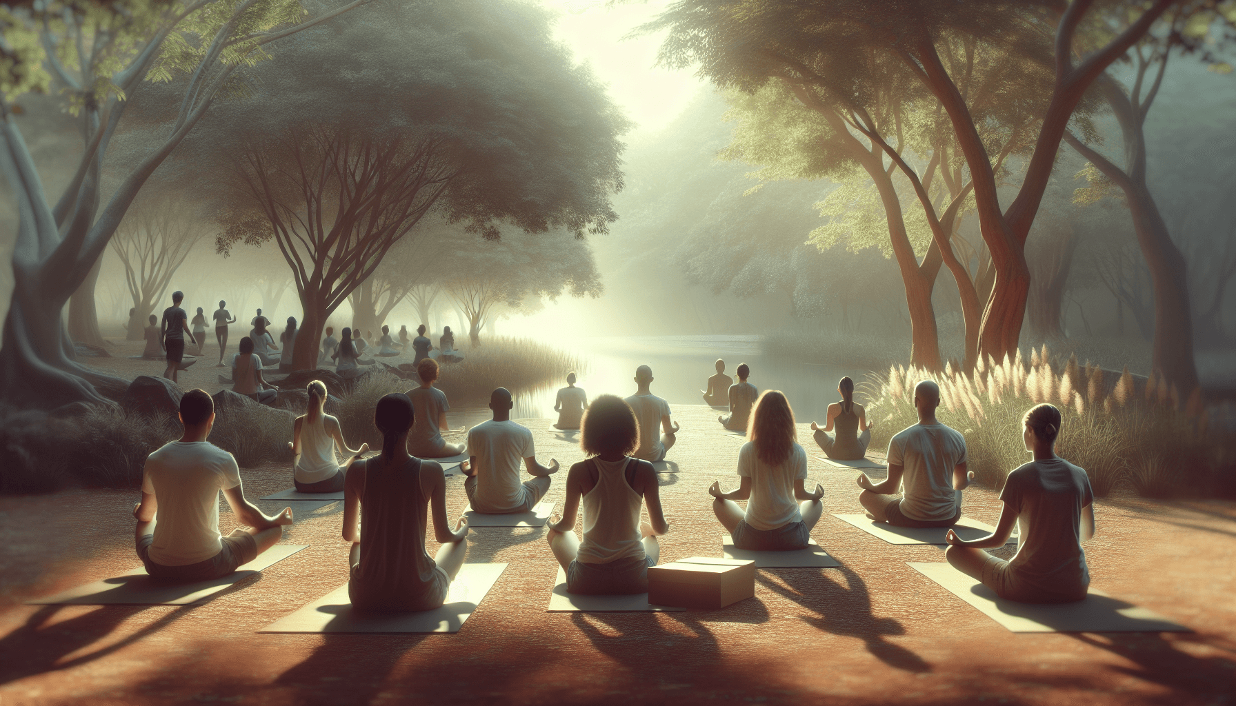 A serene outdoor setting featuring a diverse group of people—Caucasian, Asian, and Hispanic—practicing box breathing together. They are surrounded by lush green trees and a gentle body of water reflecting soft natural light. Each individual appears focused and calm, embodying relaxation and mindfulness in the tranquil environment.