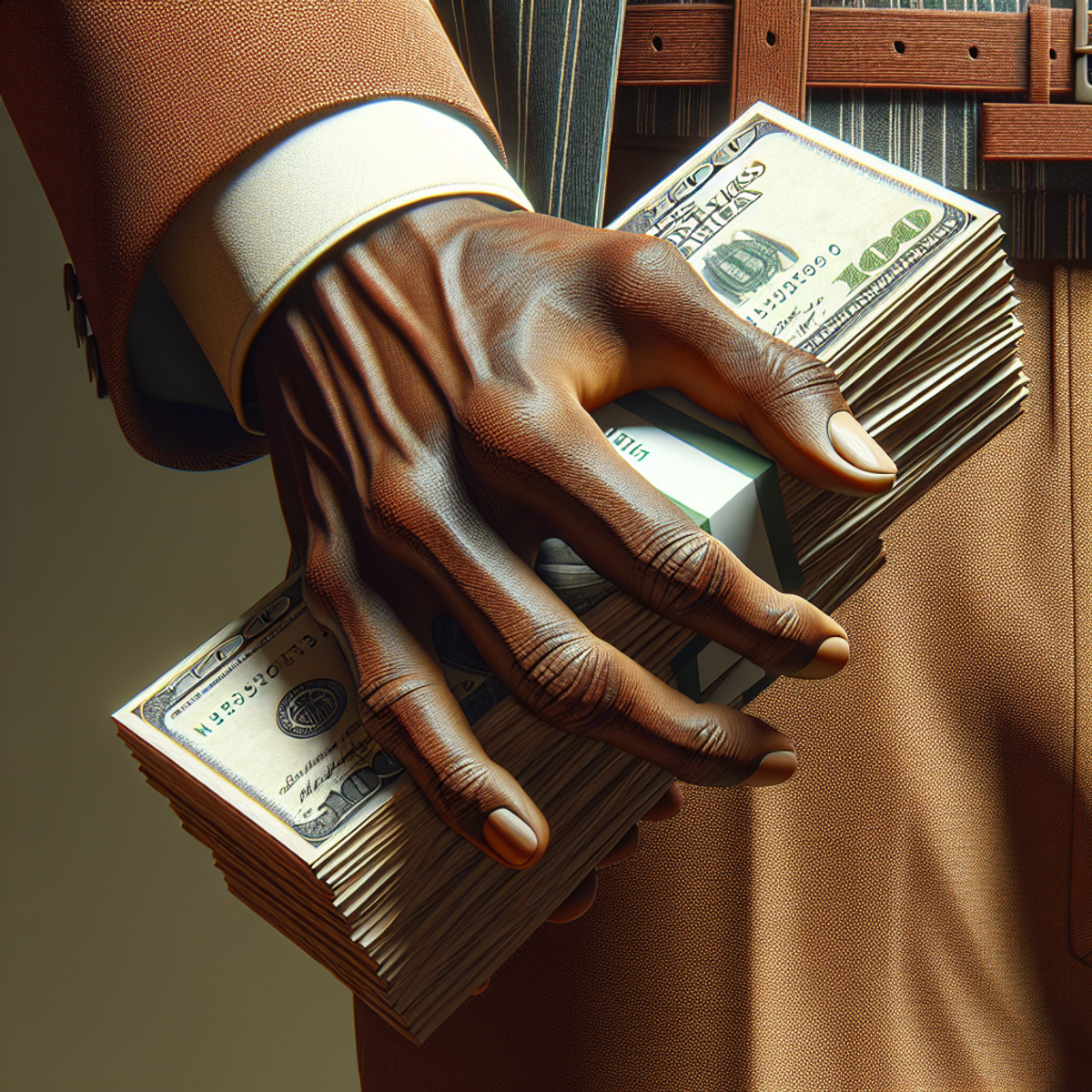 A close-up of a diverse person's hand holding a thick stack of money.