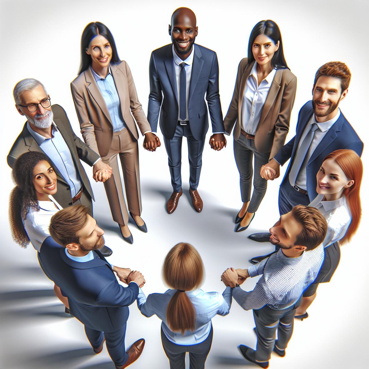 A diverse group of professionals from different descents holding hands in unity and collaboration, dressed in business attire.