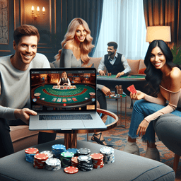 Bir Kafkas kadını ve bir Asyalı erkeği, rahat ve iyi aydınlatılmış bir oturma odasında birlikte oturmuş, gülümseyerek ve etkileşimde bulunarak bir dizüstü bilgisayarın üzerinde canlı krupiyeli bir masa oyunu oynarken görüyoruz. Etrafta kahve masasında dağınık bir şekilde renkli oyun çipleri bulunmaktadır ve konforlu bir peluş kanepeye oturmuşlardır. Sıcak aydınlatma ile çevrili olan bu ortam, heyecan ve keyif dolu canlı bir atmosferi artırmaktadır.