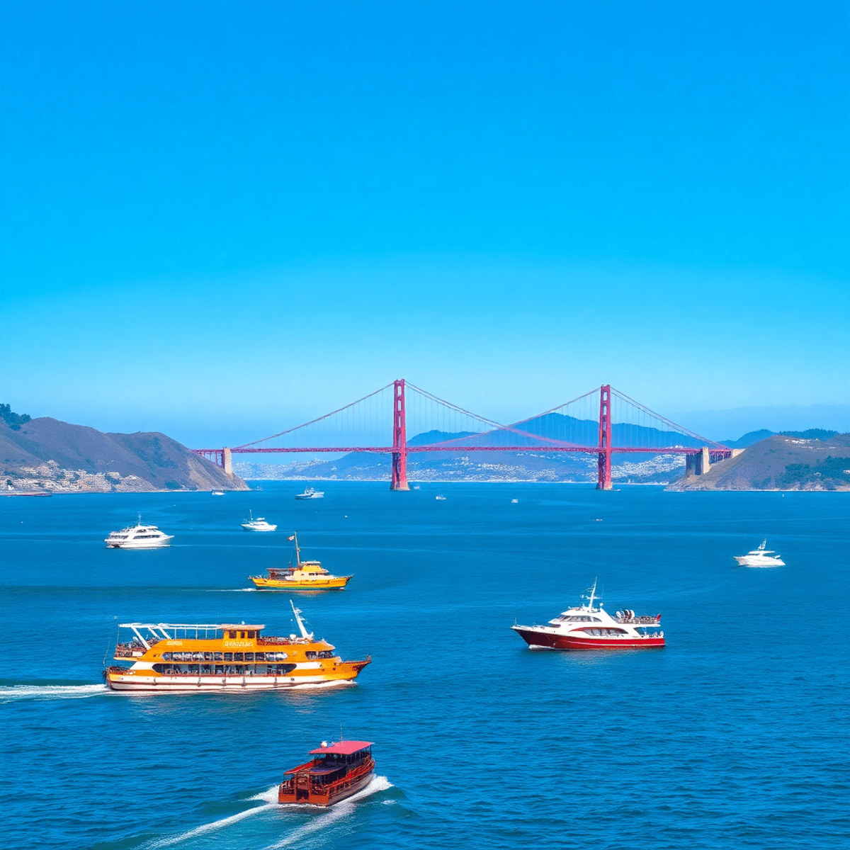 A vibrant view of San Francisco Bay with colorful boats and ferries on the water, showcasing the Golden Gate Bridge under a clear blue sky.