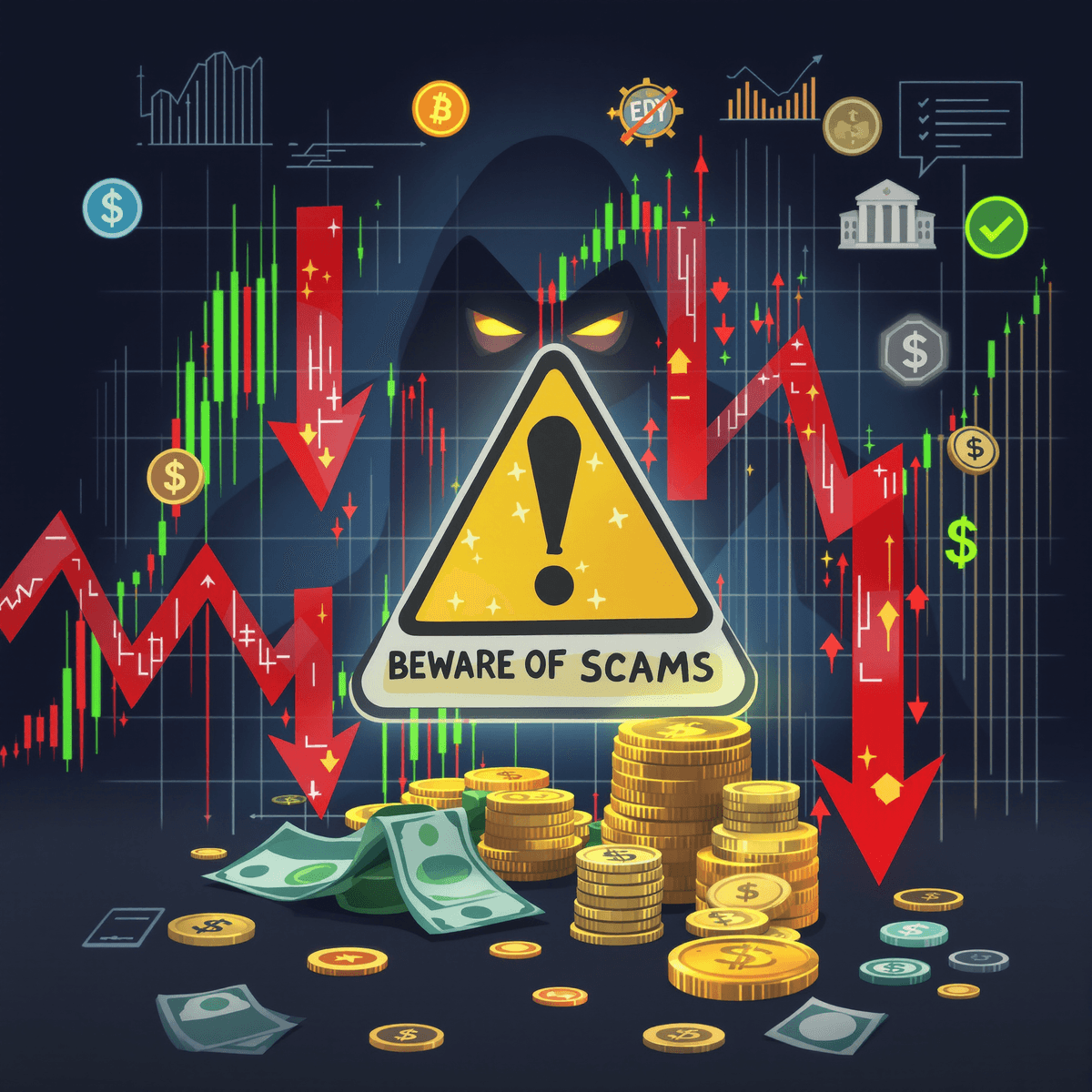 A digital stock market chart shows red downward arrows and money symbols, with a shadowy figure in the background and a warning sign reading "Beware of Scams" in bright colors.