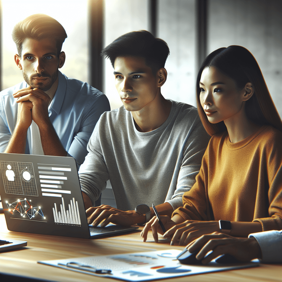 A multi-ethnic team of digital marketers, including a Caucasian male, a Hispanic female, and an Asian female, gathered around a laptop in a modern office setting. They are intently discussing SEO strategies, with the laptop displaying unidentifiable graphics and charts. The atmosphere reflects teamwork and focus, highlighted by a computer mouse hovering over a graph icon on the screen.