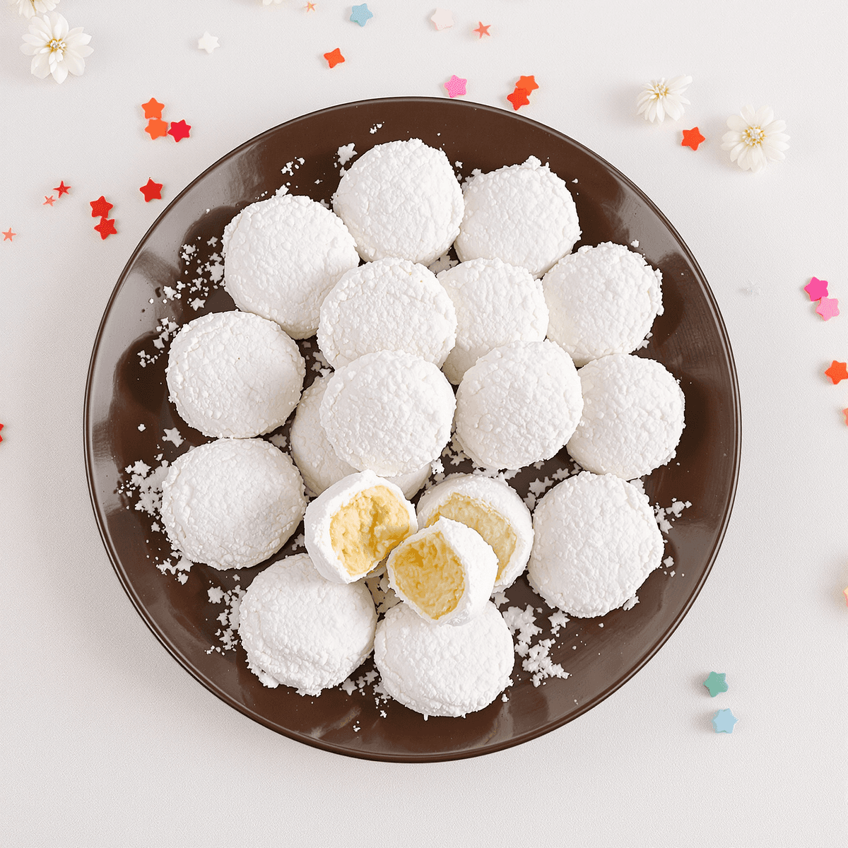Sebuah piring Kue Putri Salju yang ditaburi dengan gula bubuk, dengan beberapa kue yang dibuka, diletakkan di latar belakang dekorasi pesta yang halus.
