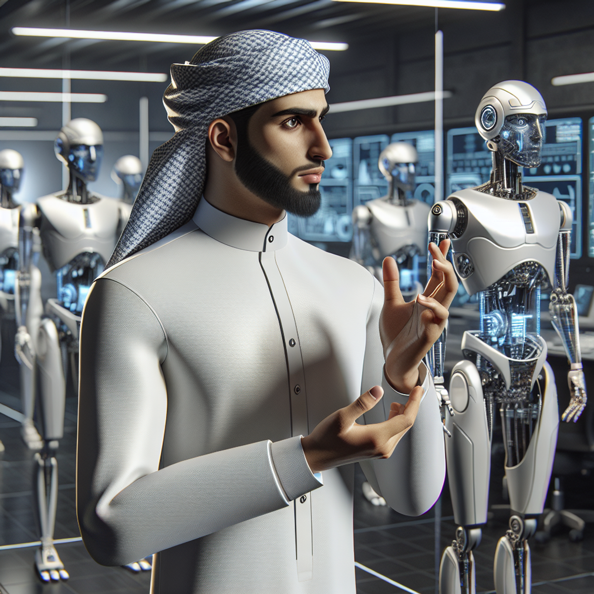 A middle-eastern male engineer standing in a high-tech control room surrounded by sleek, humanoid robots of various shapes and sizes.