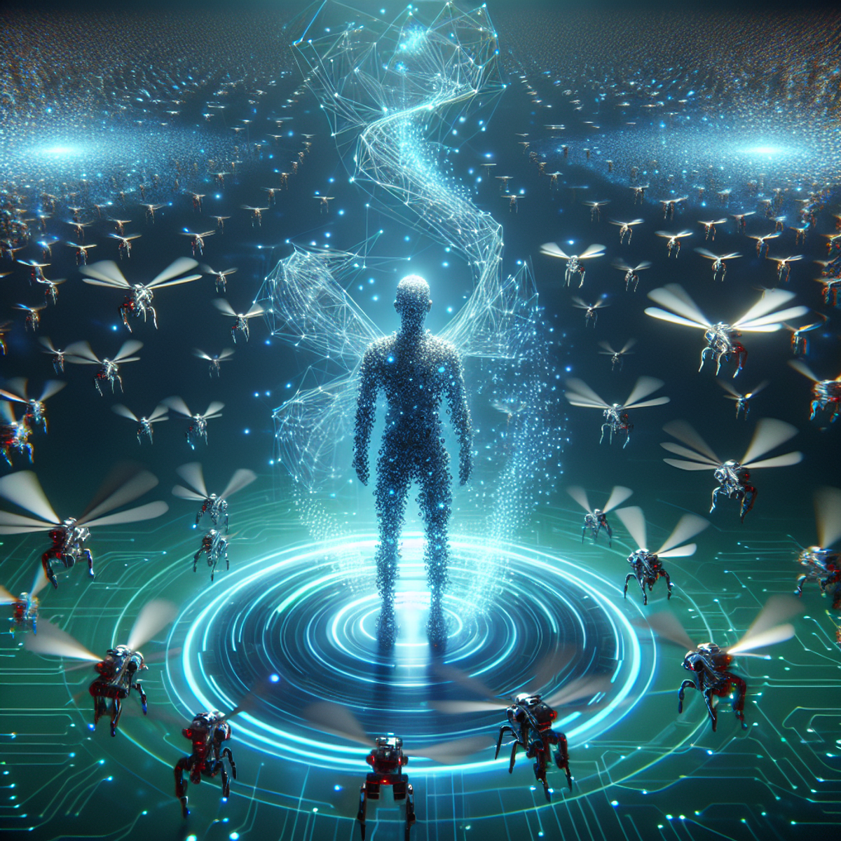 A virtual character stands between a swarm of metallic mechanoids and a digital swarm of neon-glowing data points and vector threads, showcasing the power of artificial intelligence in managing complex systems.