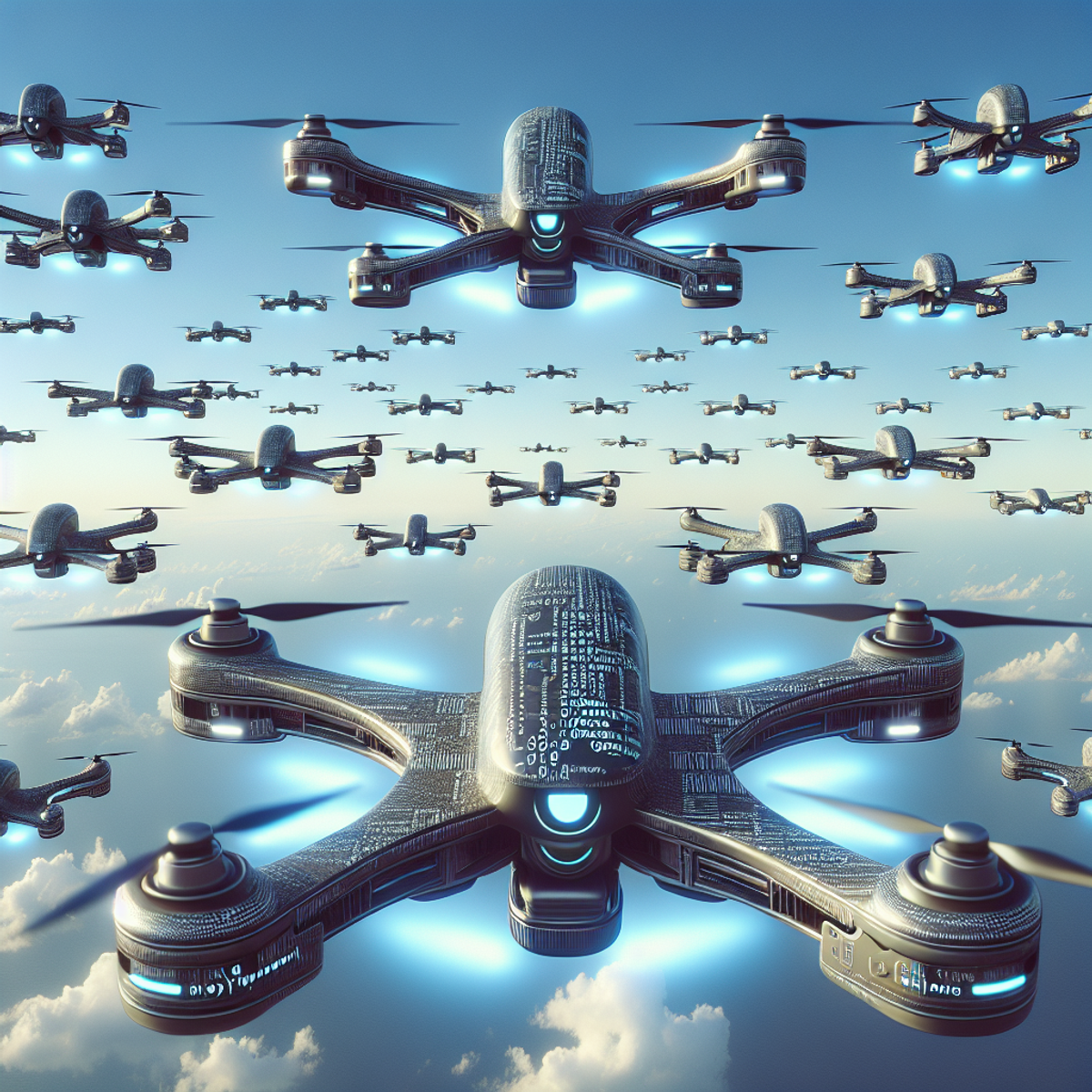 A swarm of futuristic drones flying in the sky, each displaying intricate designs and subtle Python code-inspired motifs.