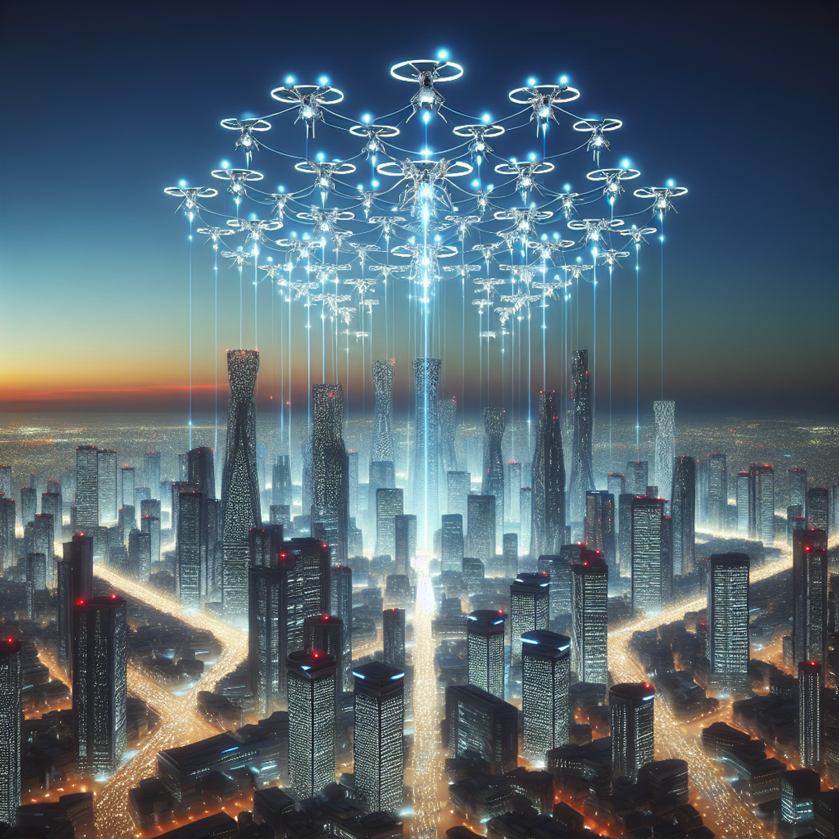 A futuristic city skyline with synchronized drones flying in the twilight sky.