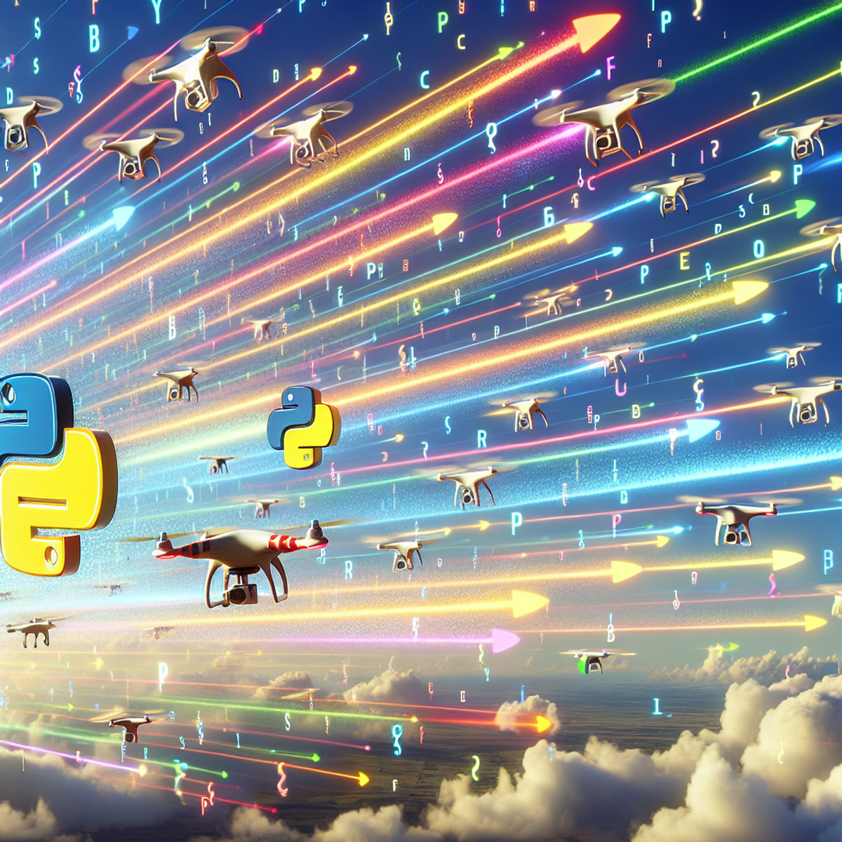 A swarm of colorful autonomous drones flying in a python-like tail, with abstract symbols representing the Python language trailing behind.