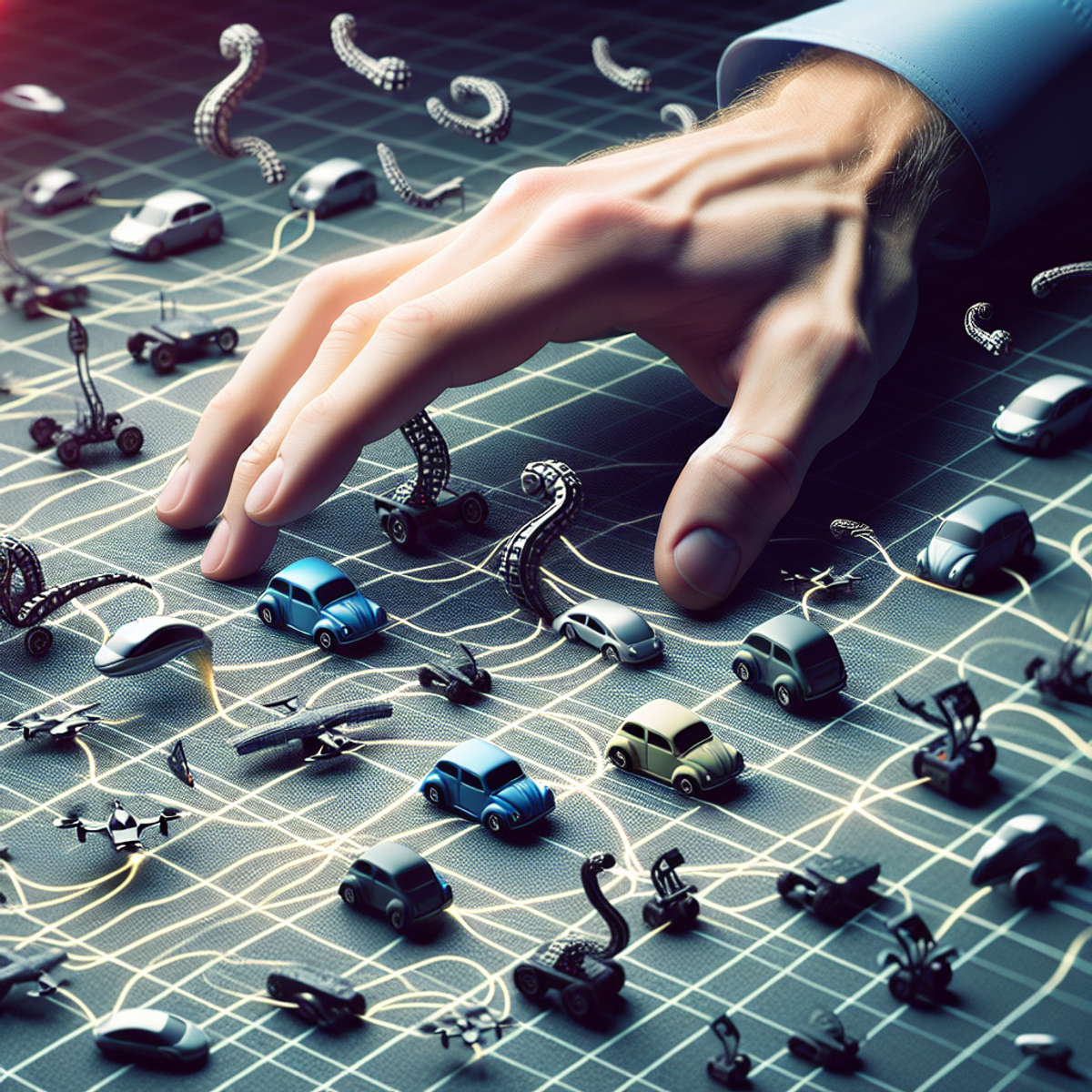 A Caucasian male hand gently guiding a variety of robotic vehicles along a grid-like surface.