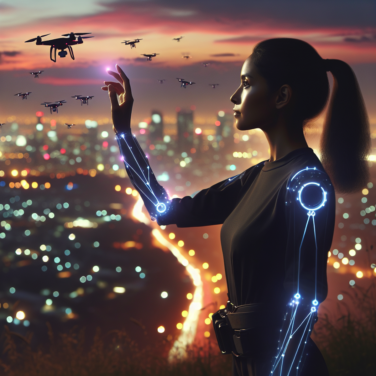 A woman controlling drones with a gesture-controlled armband at sunset.