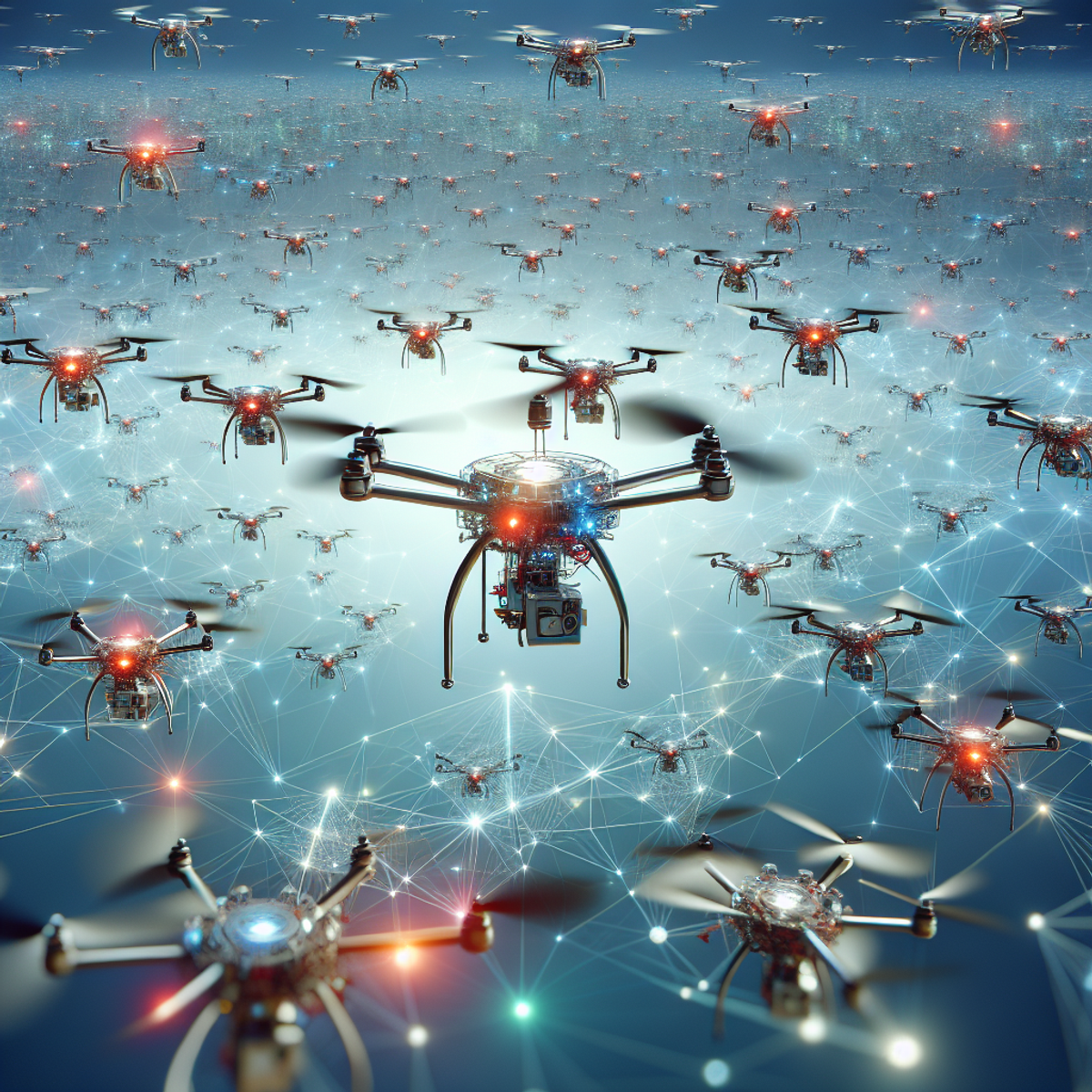 A swarm of advanced drones flying in the sky with precision and coordination.