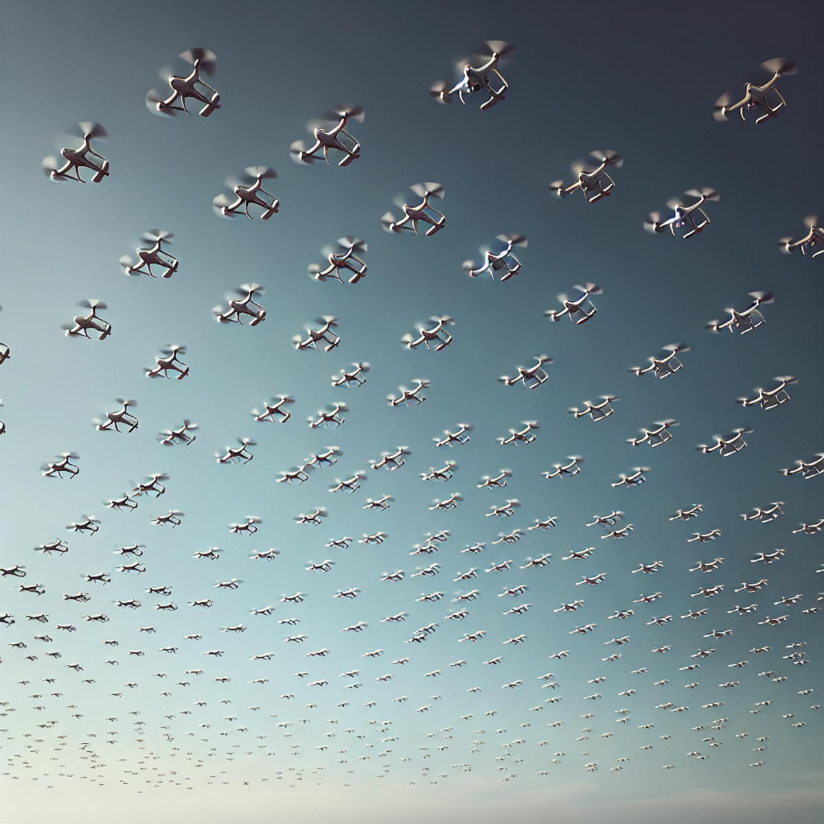 A swarm of drones flying in perfect synchronization against a clear blue sky.