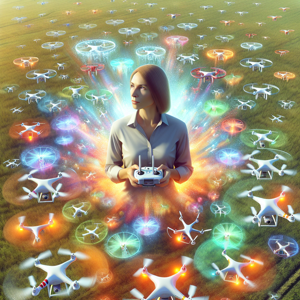 A woman surrounded by colorful drones in a field.