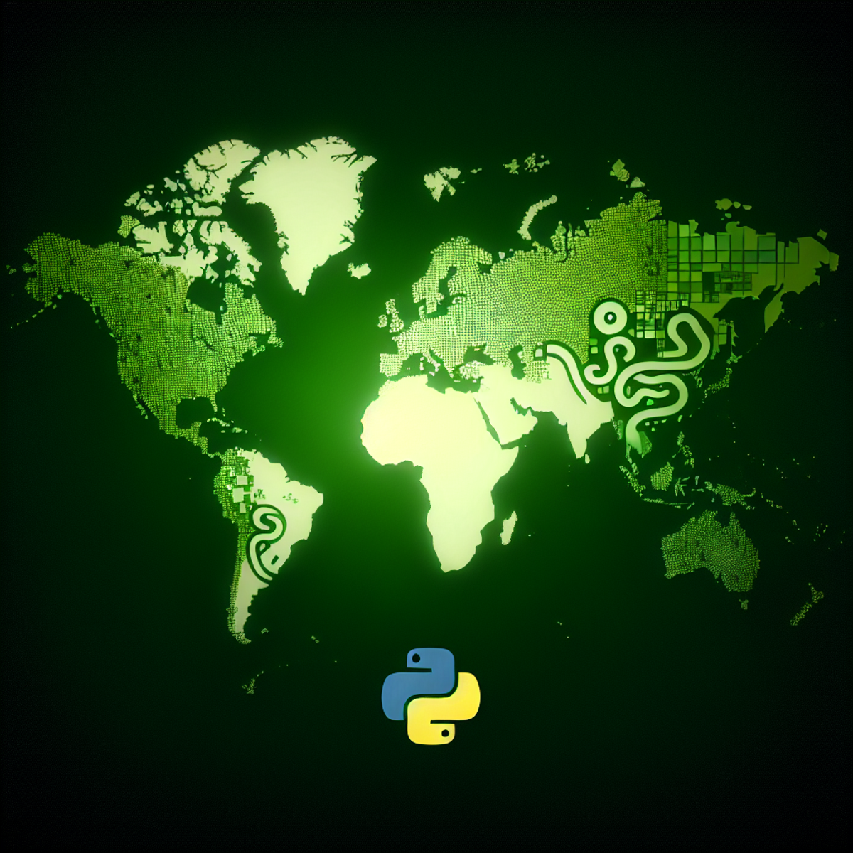 A world map primarily in hues of green with subtly integrated Python programming language symbols such as a snake or the Python logo across different regions.