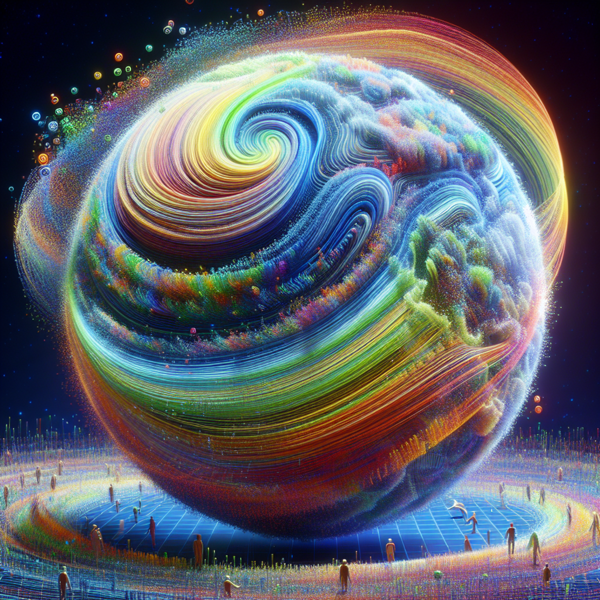 A colorful three-dimensional rotating globe surrounded by data visualization graphics.