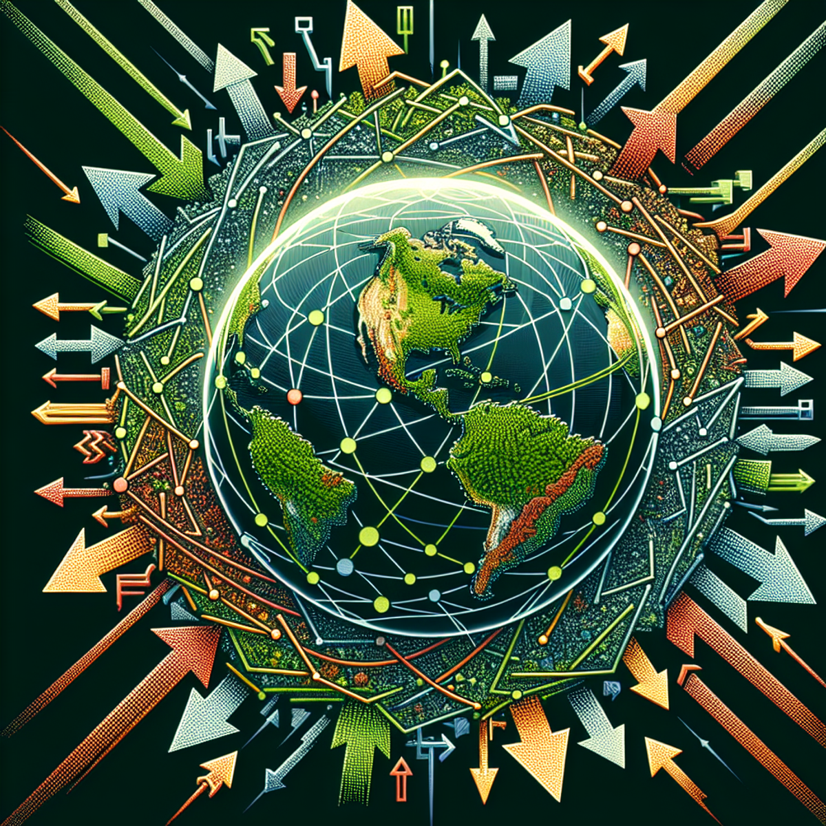 A globe with lush green landscapes, surrounded by interconnected arrows and linked lines in sharp, varied colors, pointing in multiple dynamic directions.