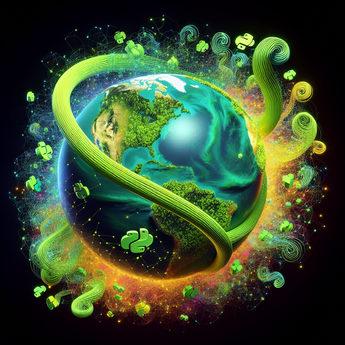 A digital illustration of Earth surrounded by green Python code and carbon atoms.