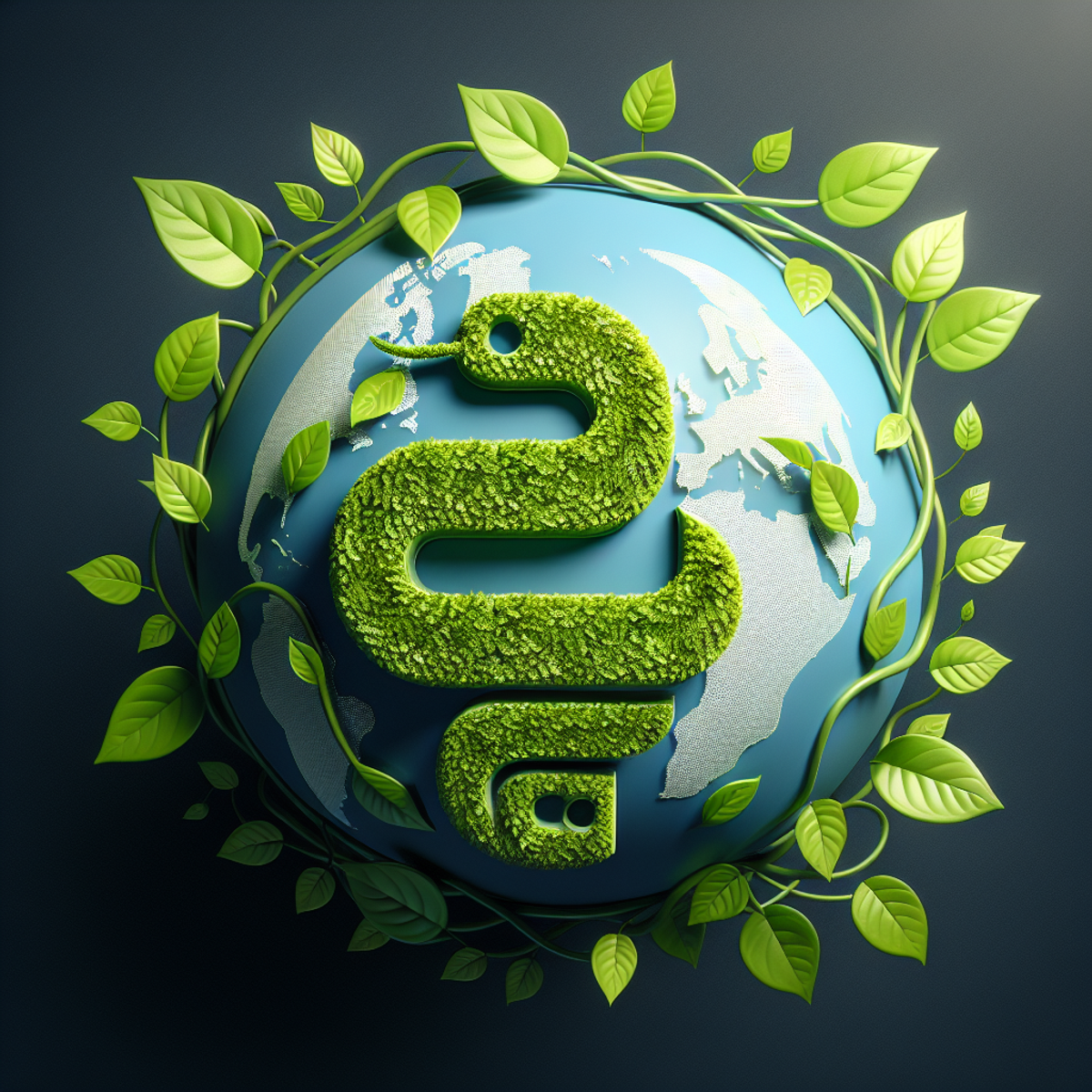 A globe surrounded by lush green leaves with a Python-like logo entwined in the foliage.