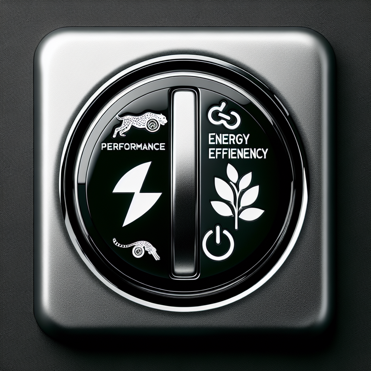 A close-up of a metallic power switch with symbols for 'Performance' (a racing cheetah) and 'Energy Efficiency' (a leaf within a power icon).