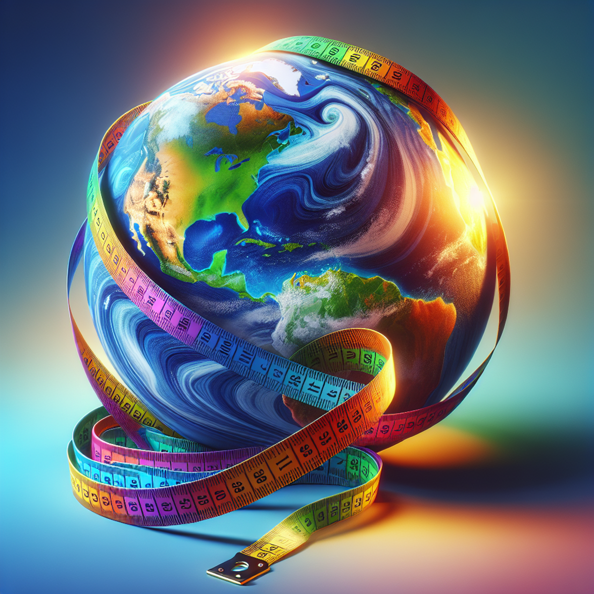 A colorful globe with a tape measure spirally wrapping around it, representing carbon evaluation.