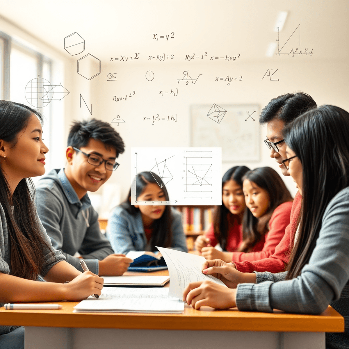 A diverse group of students engaged in a collaborative study session in a bright classroom, surrounded by mathematical symbols and diagrams related to group theory.