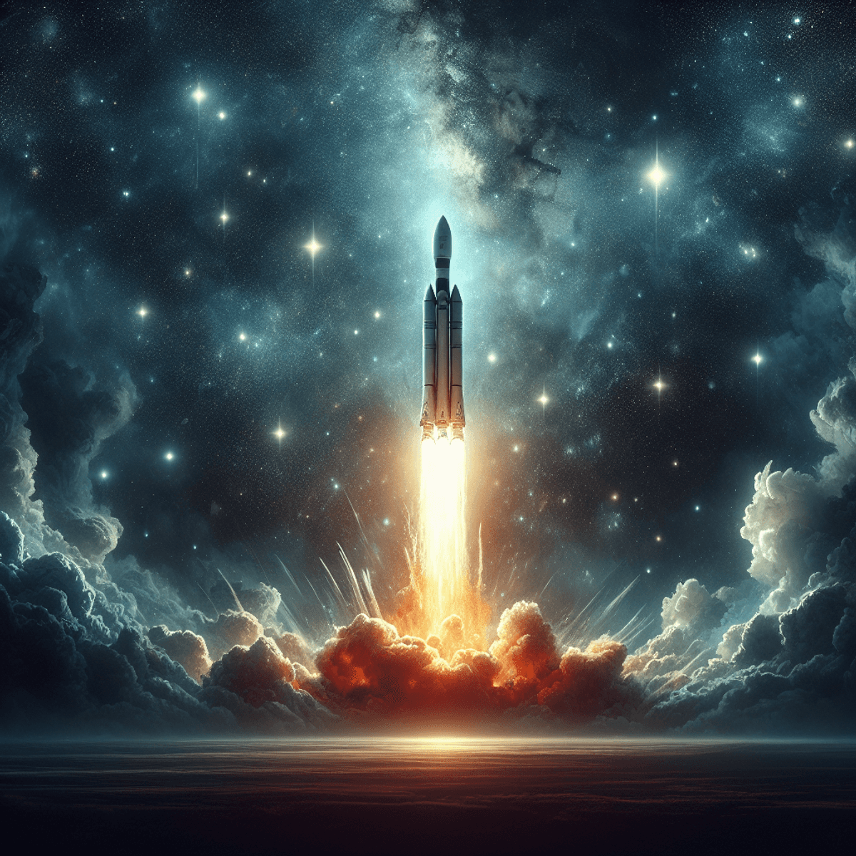 A rocket blasting off into a starry night sky alt text: A rocket launching into the starry night sky, leaving a trail of fire and smoke behind.