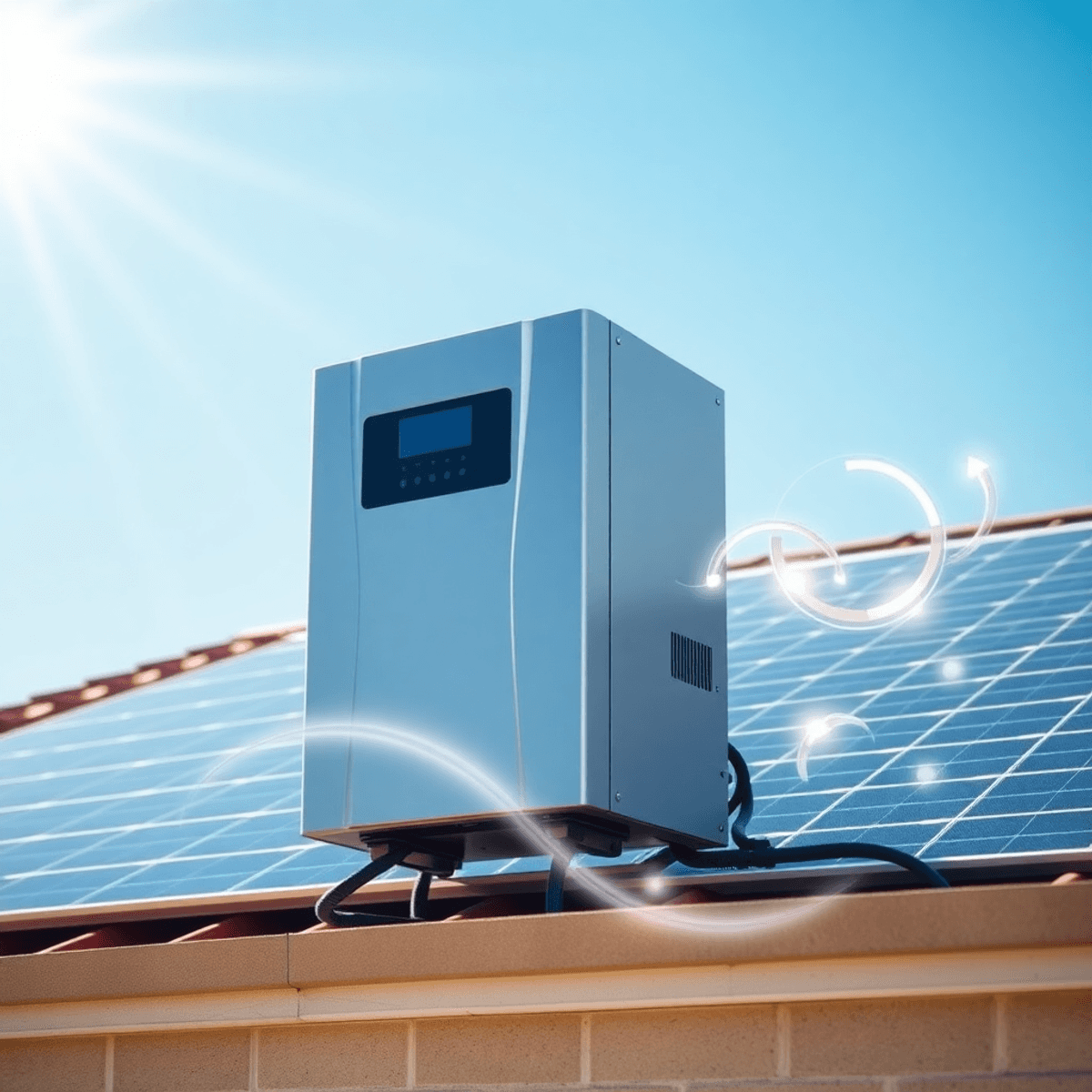Modern solar inverter outdoors under bright sun, linked to rooftop panels, with glowing energy waves symbolizing efficient DC to AC conversion.