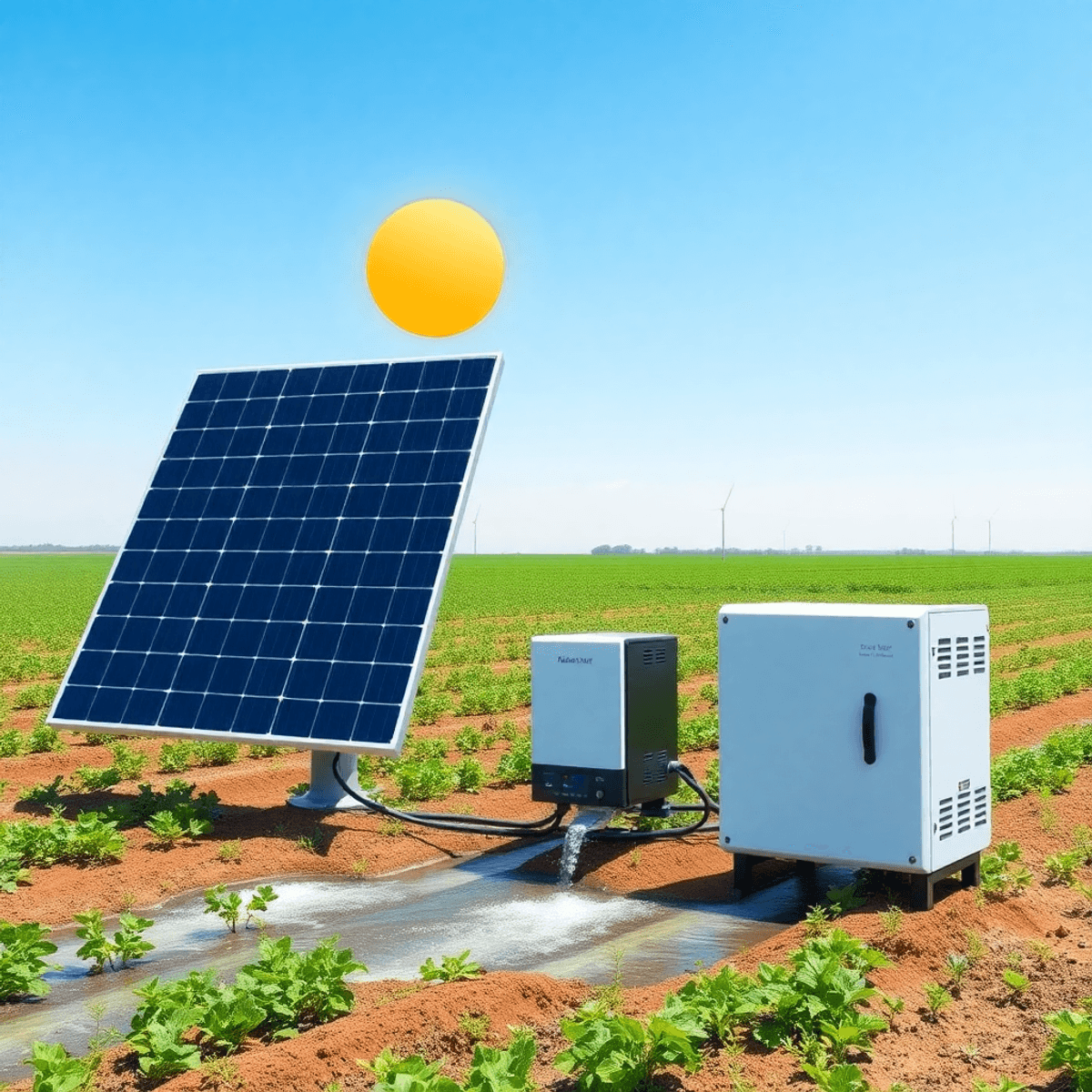 Solar water pumping system with angled panels powering a water pump irrigating crops in a sunny field, showcasing sustainable, off-grid farming technology.