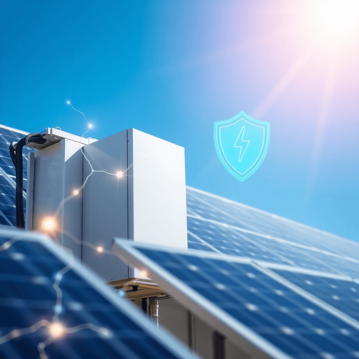 Close-up of a modern solar inverter outdoors with solar panels, glowing electric currents, protective shields, and clear blue sky in realistic style.