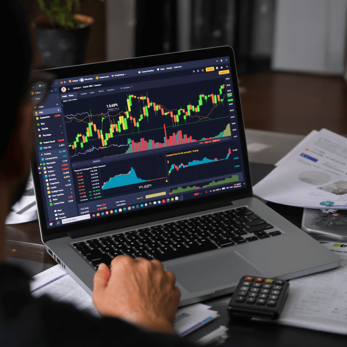 A concerned investor analyzing a cryptocurrency platform on a laptop, surrounded by financial documents and a calculator, with charts and graphs on the screen.