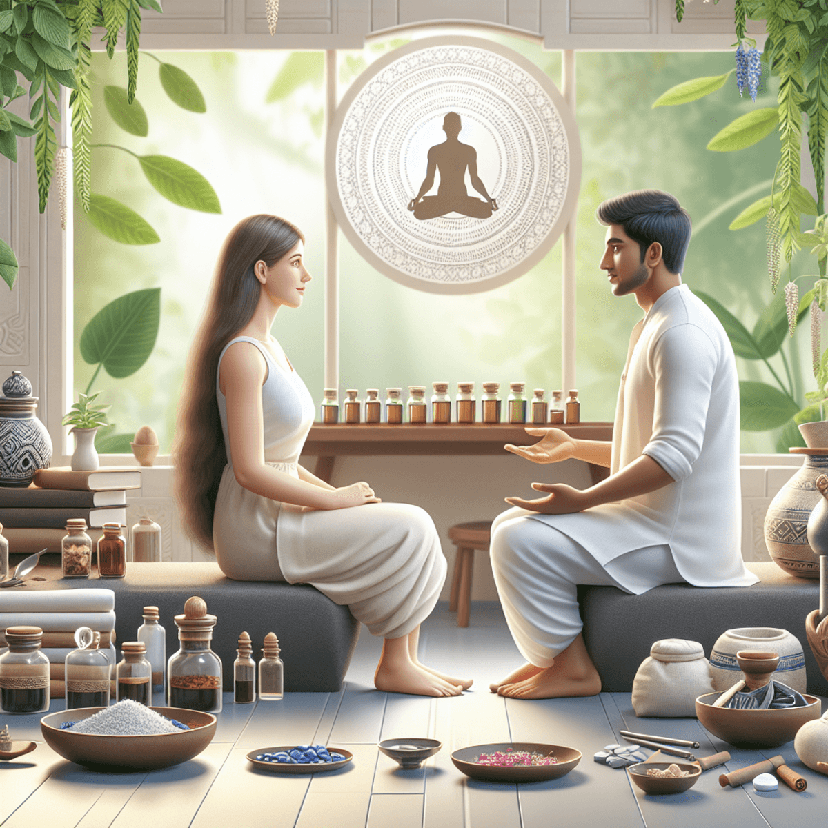 Diabe-Care Diabetes Treatment 3 A serene Ayurvedic clinic featuring a Caucasian woman and an Asian man engaged in a thoughtful discussion. The room is adorned with lush plants, wooden furniture, and soft lighting, creating a calming atmosphere. Herbal remedies in jars and traditional Ayurvedic tools are tastefully arranged on shelves. The walls are decorated with natural textures, and the overall ambiance radiates tranquility and holistic health.