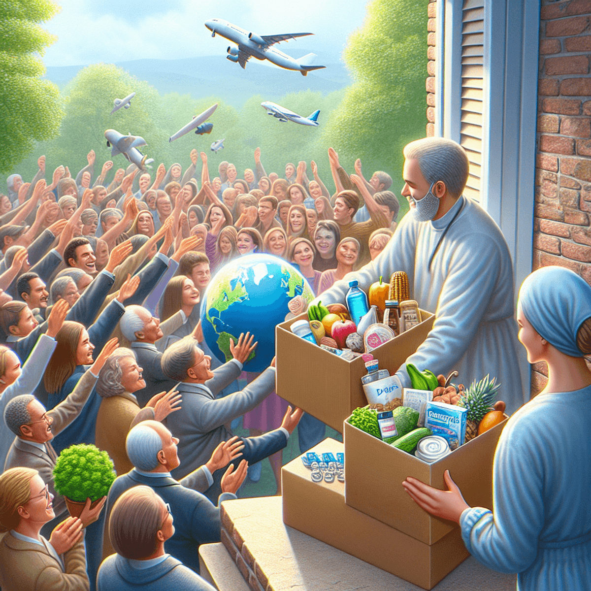 Diabe-Care Diabetes Treatment 7 A diverse group of five people stands at a warmly lit doorstep, displaying a mix of Caucasian and Hispanic descent. They are smiling and enthusiastically accepting a large brown cardboard box decorated with eco-friendly symbols. The individuals are dressed in casual, colorful clothing, with one holding a reusable shopping bag filled with fresh organic fruits and vegetables. Nearby, a small table displays health care products like glucose monitors, herbal supplements, and pamphlets about diabetes management. In the background, a blooming garden adds to the sense of health and vitality, while sunlight casts a warm glow over the scene, symbolizing global unity and wellness.