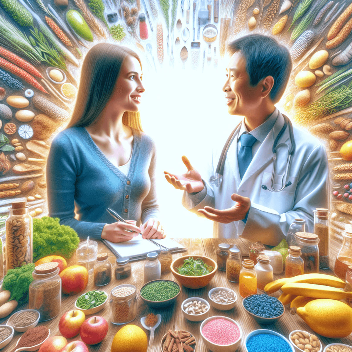 Diabe-Care Diabetes Treatment 5 A Caucasian woman and an Asian man are animatedly discussing health and wellness, surrounded by a vibrant array of fresh fruits and herbs on a wooden table. The woman, with shoulder-length brown hair, is gesturing enthusiastically while the man, with short black hair, listens intently, smiling. Sunlight filters through a nearby window, casting a warm glow over the scene, which is filled with colorful ingredients like berries, leafy greens, and spices, symbolizing a healthy lifestyle focused on diabetes management.